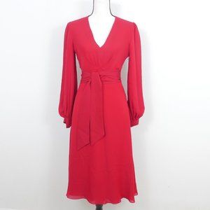 Sachin + Babi Red V Neck Long Sleeve Mid Length Retro 70's Style SZ 2 Silk Dress